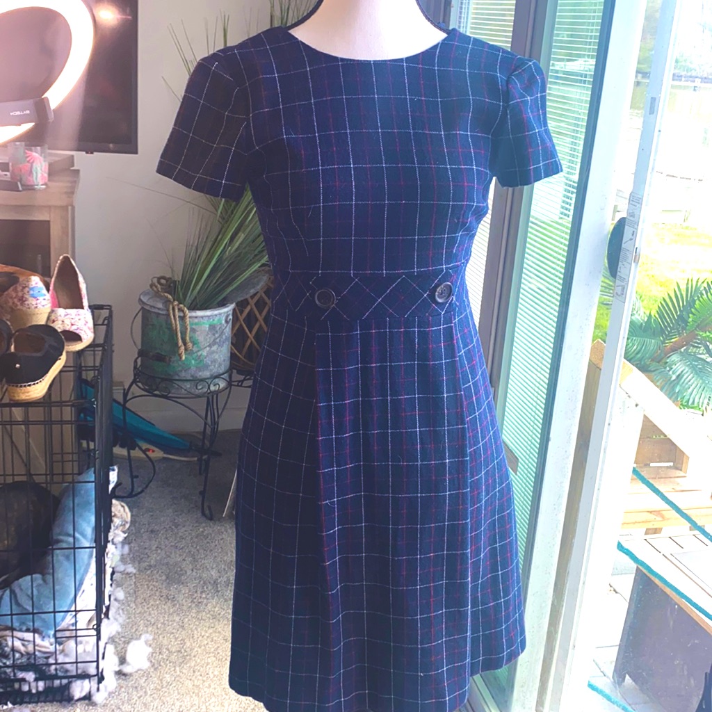 Brooks Brother | Wool Pleated Mini Dress | Navy W Red And White Plaid | Size 0p